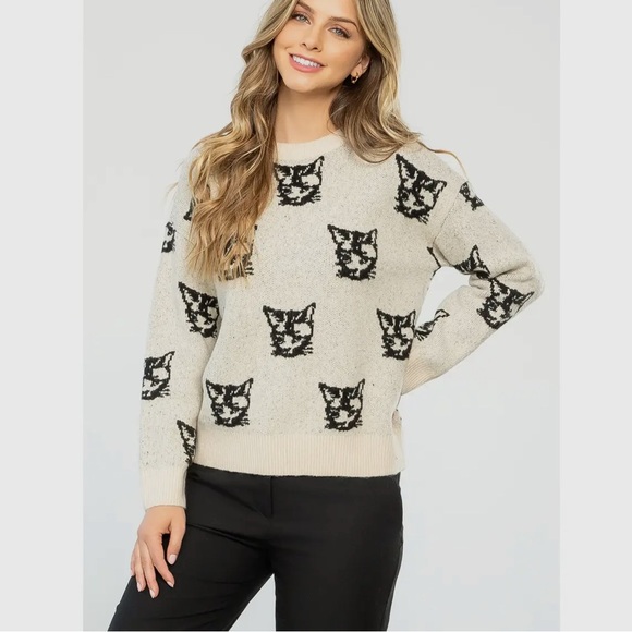THML, Cream Cat Pattern Knit Sweater, Size s m l | TMK1681 - Picture 3 of 4